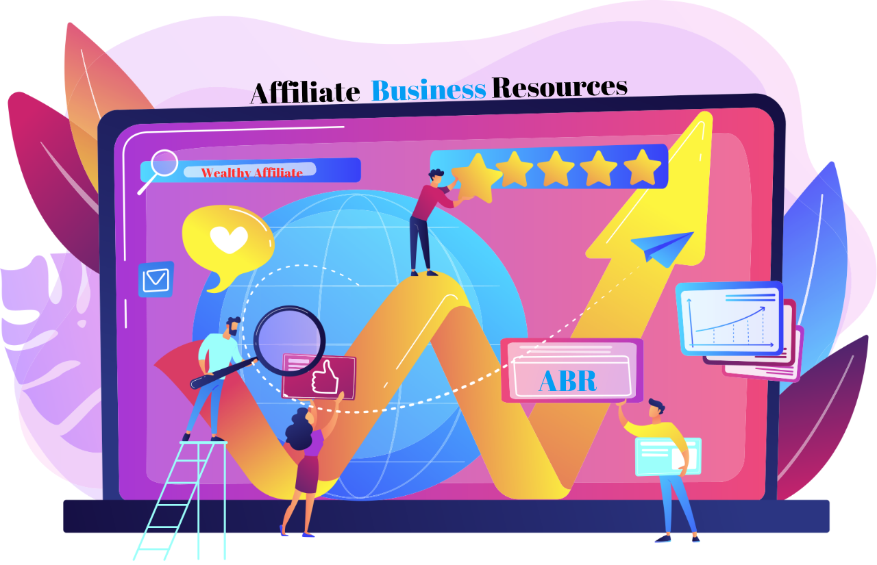 Colorful Cartoon style showing people building an online business with Wealthy Affiliate