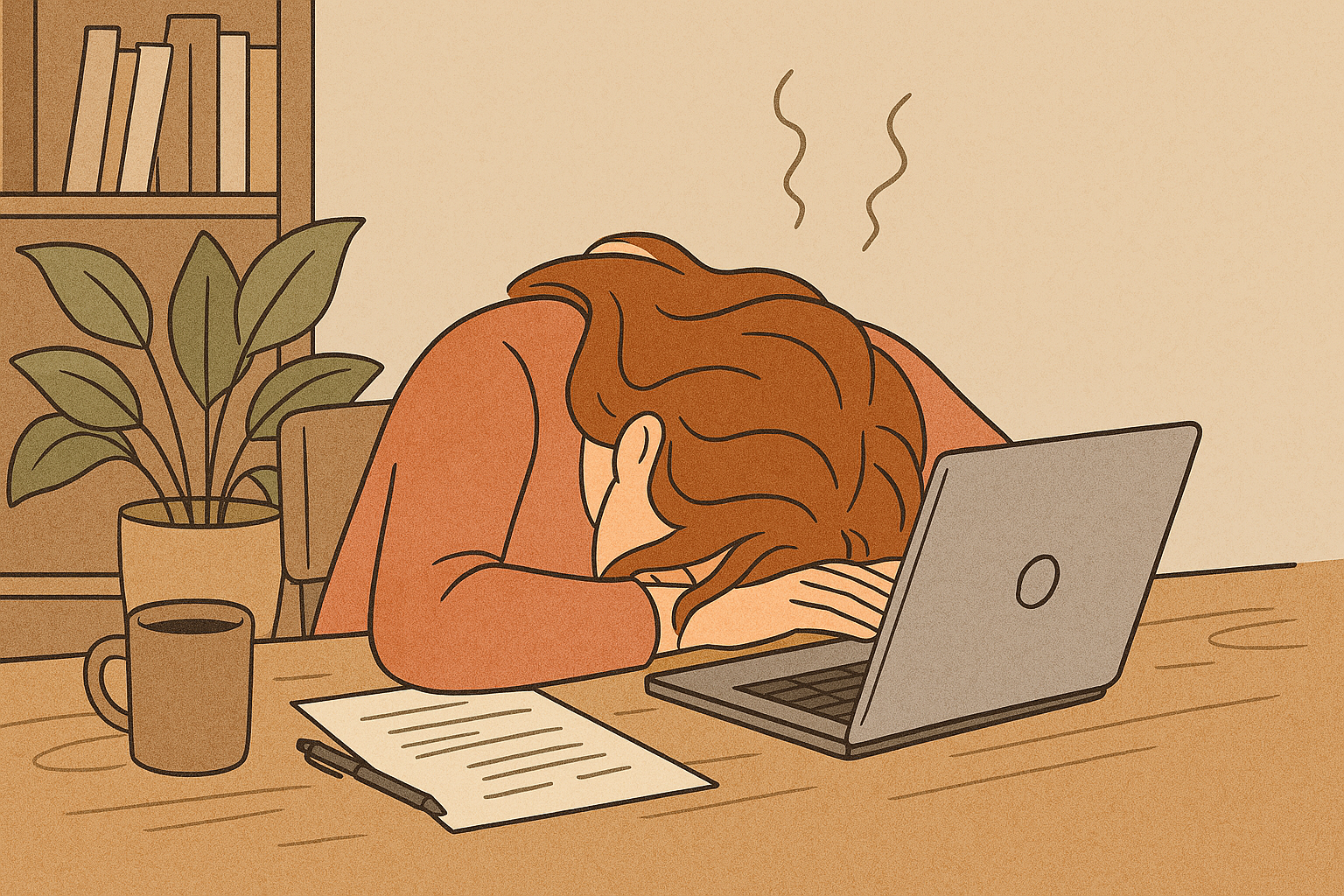 Affiliate marketing woman with her head down on the desk stressed